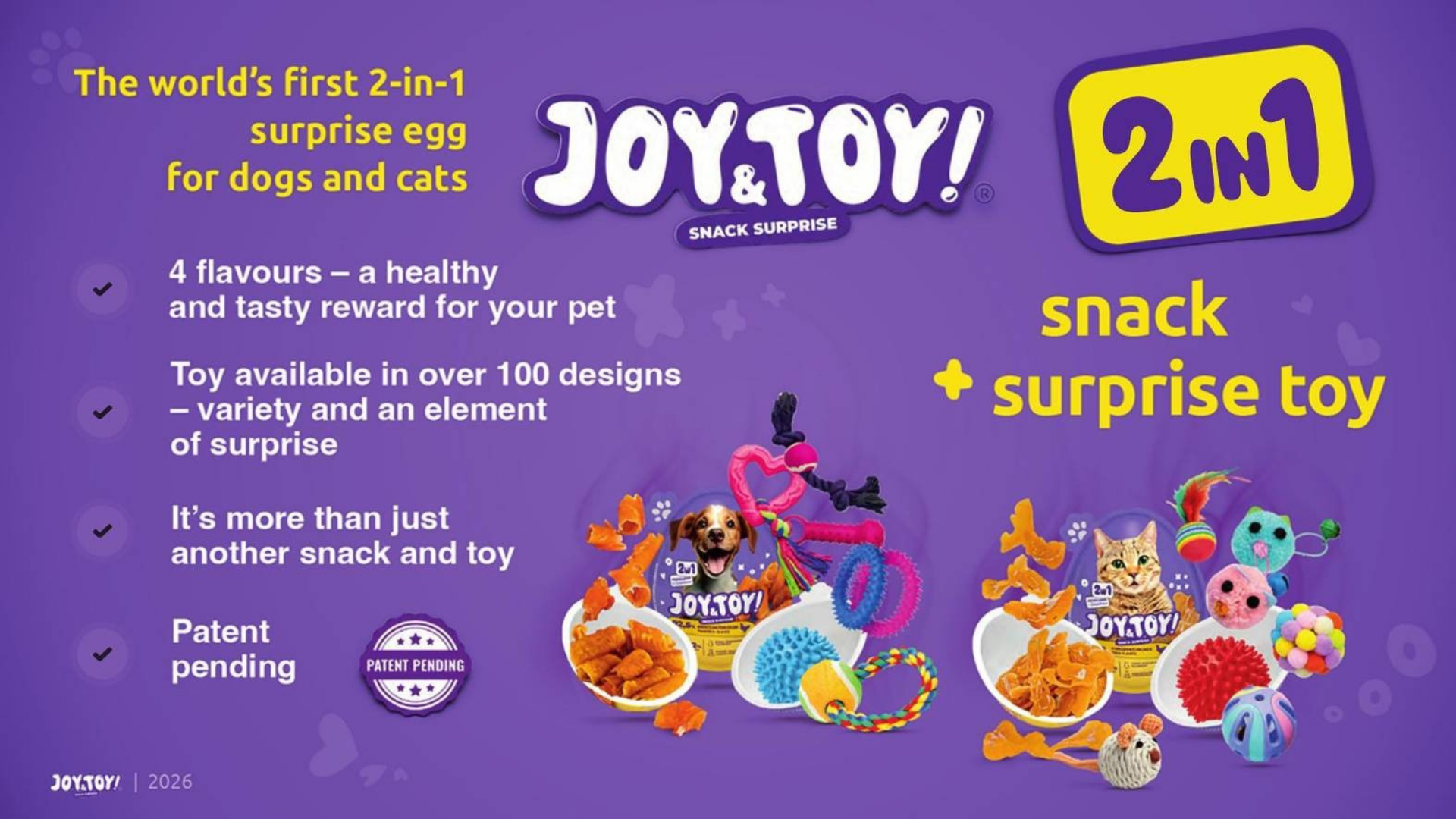 Promotional graphic for JOY&TOY! 2-in-1 Snack Surprise pet toys