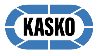 Kasko logo with blue and white design on a white background