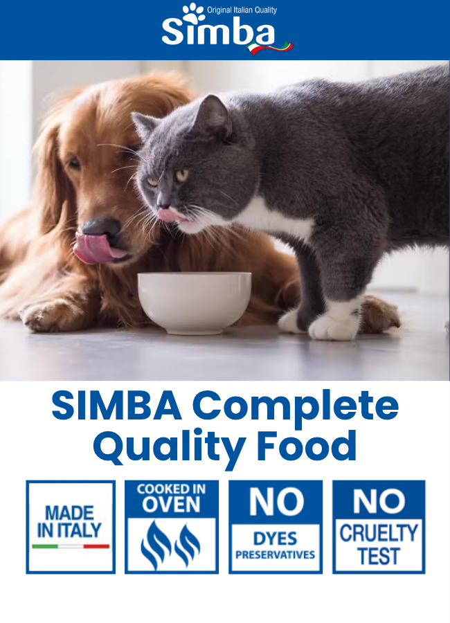 Dog and cat with a bowl of SIMBA Complete Quality Food, featuring SIMBA logo and product claims.