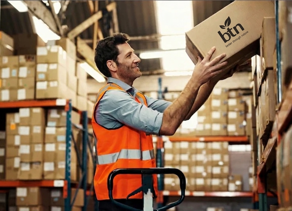 Man in a warehouse holding a box with 'btn' logo